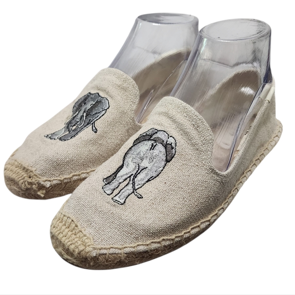 EUC Soludos Women's Elephant Embroidered Smoking Slipper Espadrilles In Sand - Picture 2 of 11